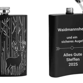 Mattschwarzer personalisierter Flachmann mit einer Beispielgravur eines Jagdspruches (