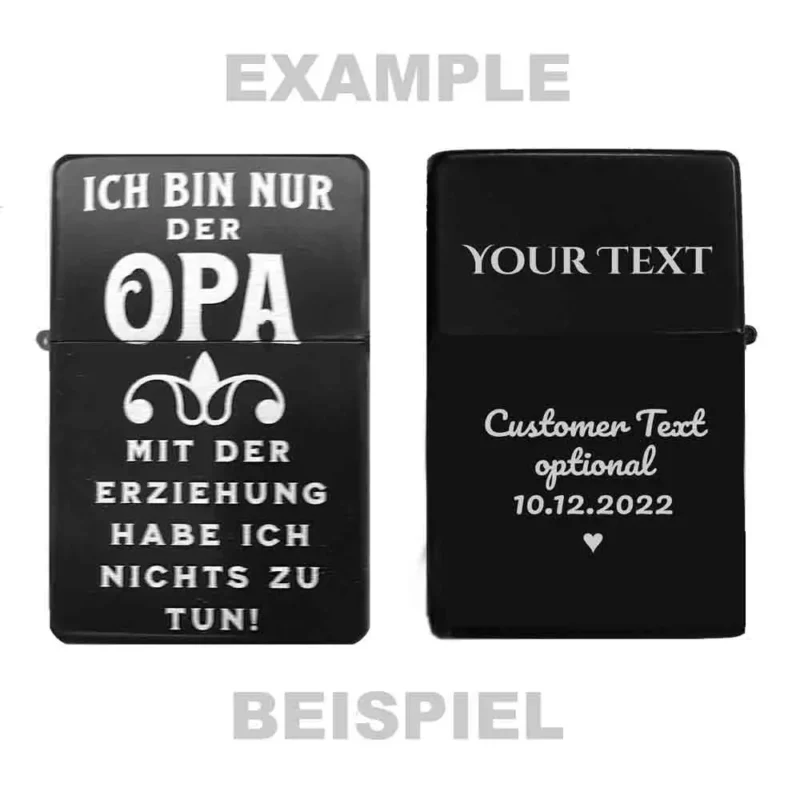 Zeigt die Vorder- und Rückseite des personalisierbaren Feuerzeugs mit lustigem Opa-Spruch und einem Beispiel für eine Wunschgravur.