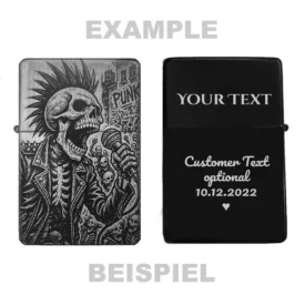 Zeigt die Vorder- und Rückseite des personalisierbaren Feuerzeugs mit Punk-Skelett-Motiv und einem Beispiel für eine Wunschgravur.