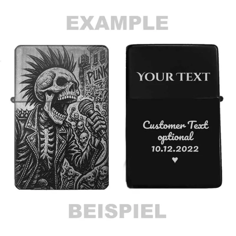 Zeigt die Vorder- und Rückseite des personalisierbaren Feuerzeugs mit Punk-Skelett-Motiv und einem Beispiel für eine Wunschgravur.