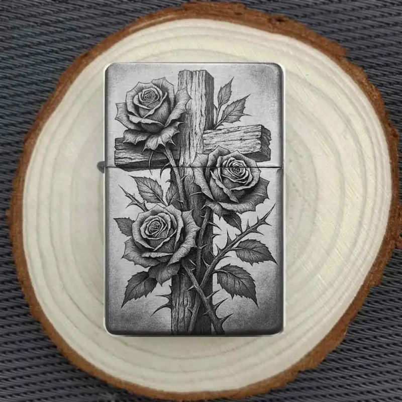 Personalisiertes Feuerzeug mit symbolträchtigem Holzkreuz- und Rosenmotiv, stimmungsvoll auf einer Holzscheibe arrangiert.
