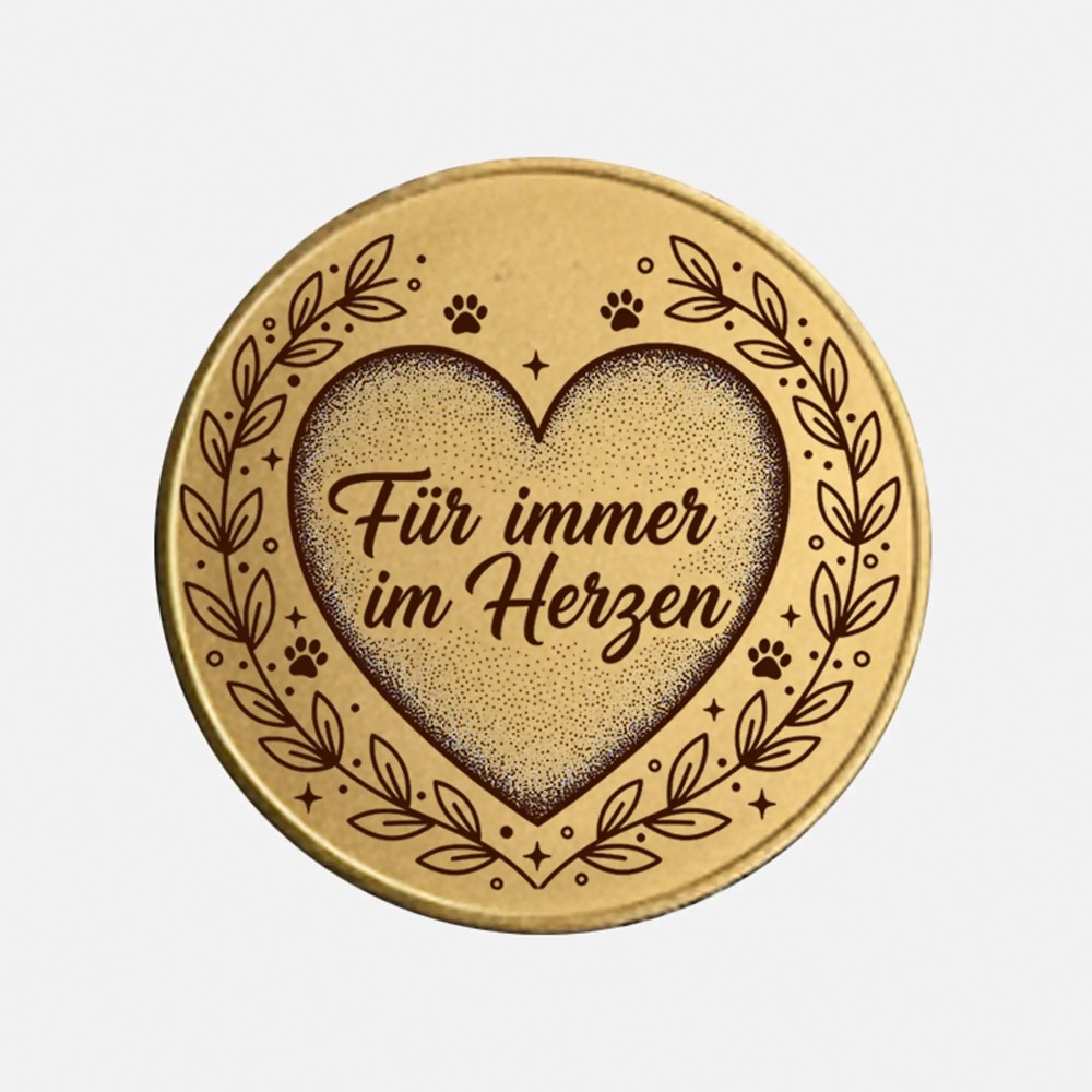 Rückseite der Erinnerungsmünze mit dem tröstenden Spruch 'Für immer im Herzen'.