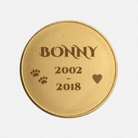 Rückseite der Gedenkmünze mit personalisierter Textgravur 'Bonny 2002 - 2018' und Symbolen.