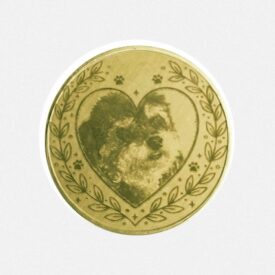 Vorderseite der Erinnerungsmünze mit detailreicher Fotogravur eines Hundes im Herz-Design.