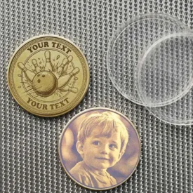 Bowling-Münze mit optionaler Fotogravur auf der Rückseite.