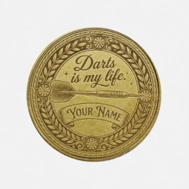 Vorderseite Darts-Münze mit Spruch Darts is my life und Namensgravur.