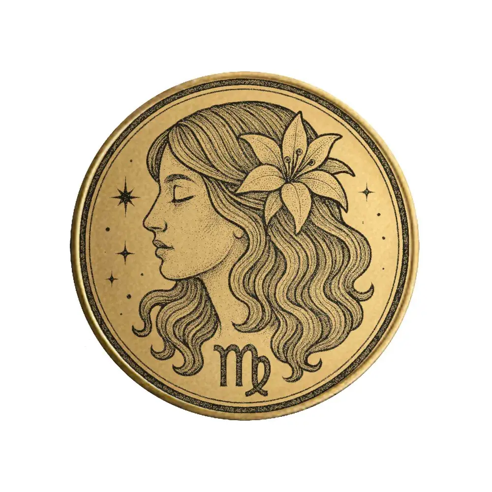 Vorderseite der Sternzeichen Münze "Jungfrau" aus Messing mit astrologischer Gravur.