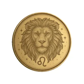 Vorderseite der Sternzeichen Münze "Löwe" aus Messing mit astrologischer Gravur.