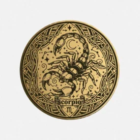 Vorderseite der Sternzeichen Münze "Skorpion" aus Messing mit detailreicher astrologischer Gravur.