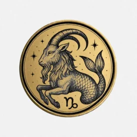 Vorderseite der Sternzeichen Münze "Steinbock" aus Messing mit astrologischer Gravur der Seeziege.