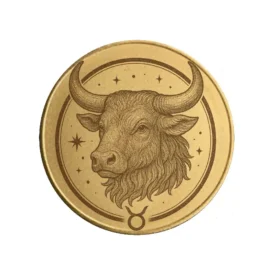 Vorderseite der Sternzeichen Münze "Stier" aus Messing mit astrologischer Gravur.