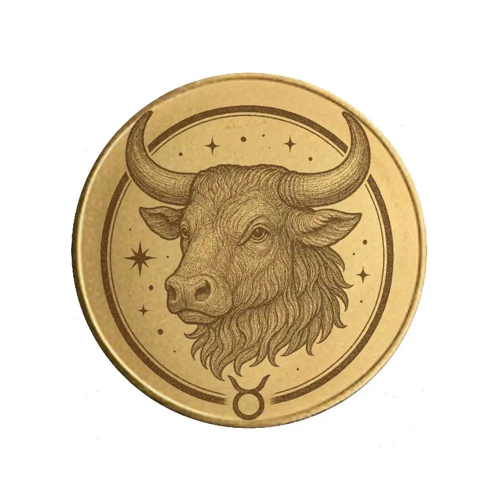 Vorderseite der Sternzeichen Münze "Stier" aus Messing mit astrologischer Gravur.