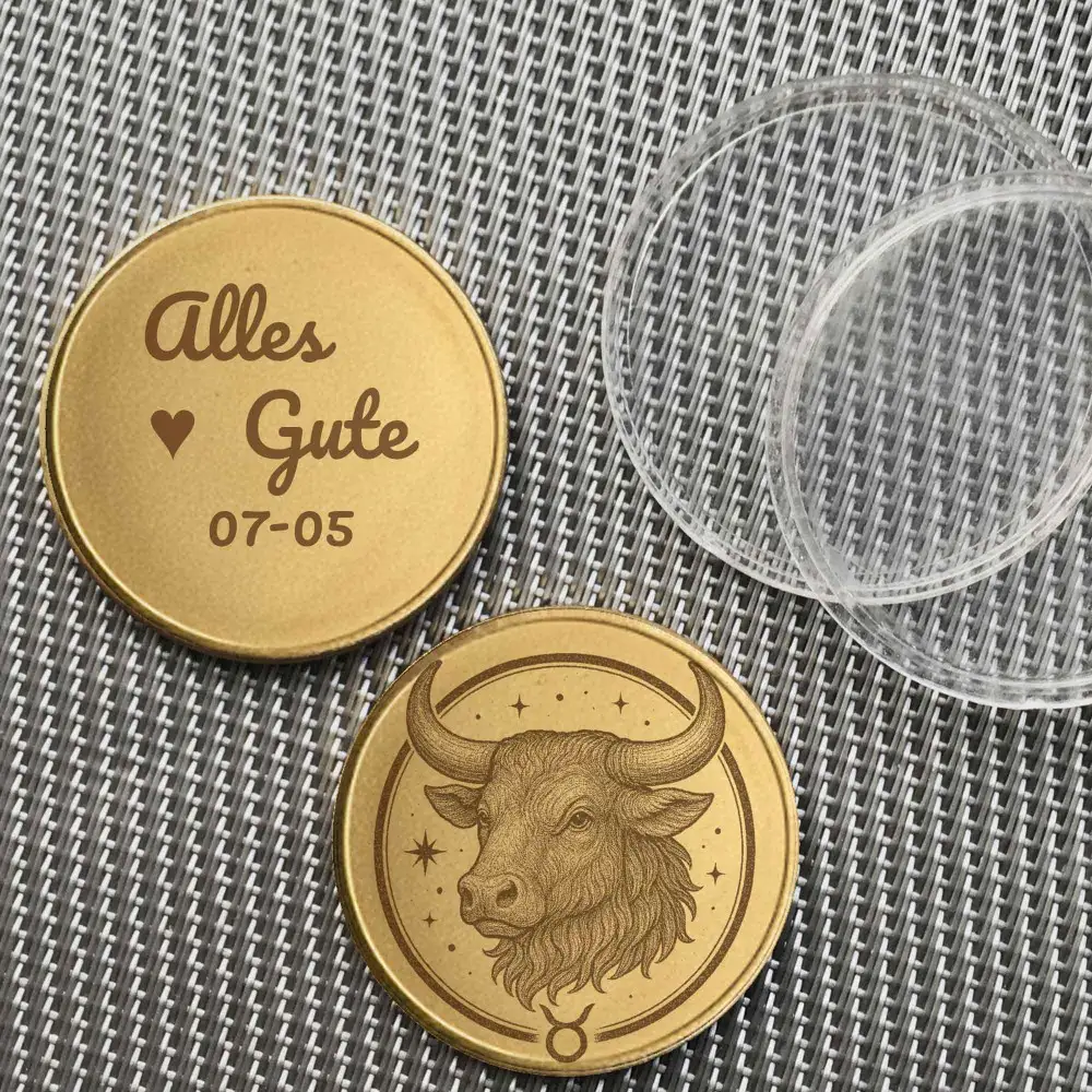 Beispiel einer personalisierten Sternzeichen Stier Münze mit Textgravur 'Alles Gute 07-05'.
