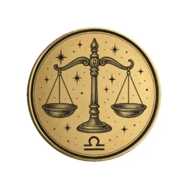 Vorderseite der Sternzeichen Münze "Waage" aus Messing mit astrologischer Gravur.