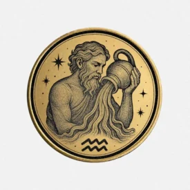 Vorderseite der Sternzeichen Münze "Wassermann" aus Messing mit astrologischer Gravur.