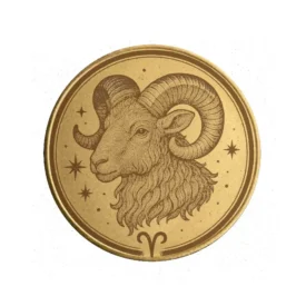 Vorderseite der Sternzeichen Münze "Widder" aus Messing mit astrologischer Gravur.