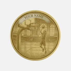 Vorderseite der Basketball-Münze aus Messing mit Spieler-Motiv und Namensgravur im Banner.