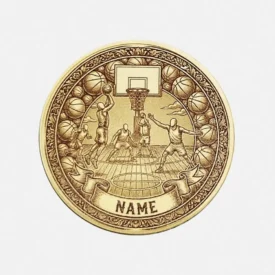 Vorderseite der Basketball-Münze aus Messing mit Mannschaftsszene und Namensgravur im unteren Banner.