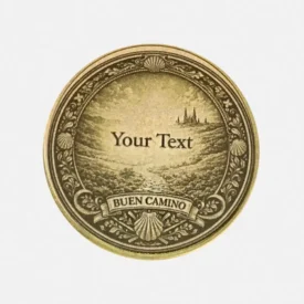 Personalisierbare Rückseite der Jakobsweg Münze mit Rahmen aus Jakobsmuscheln für individuellen Text