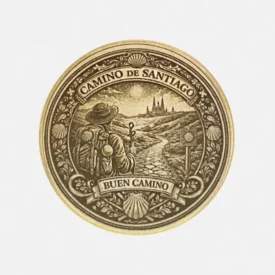 Vorderseite der Messing Münze mit Lasergravur Pilger auf dem Jakobsweg und Kathedrale von Santiago
