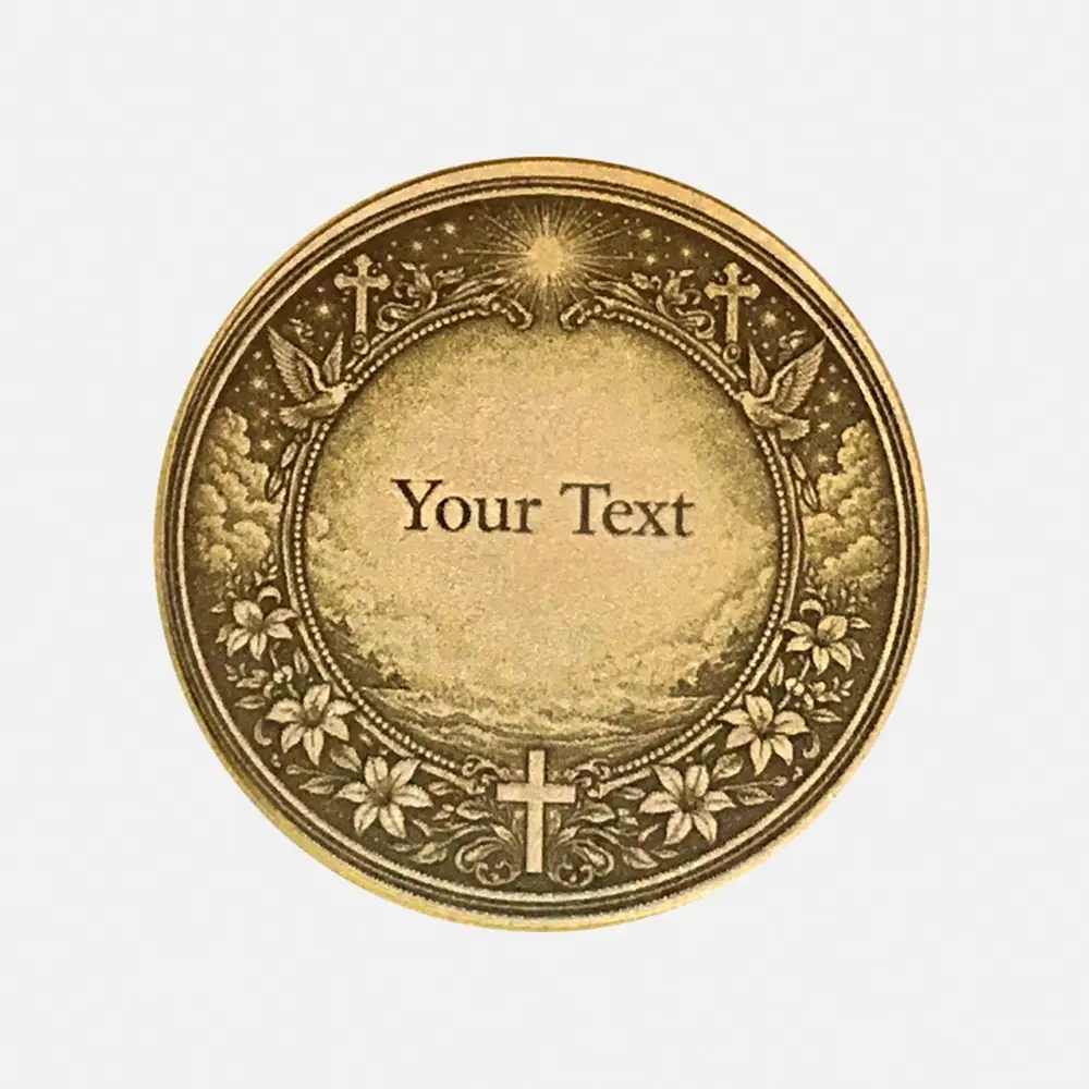 Personalisierbare Rückseite der Christophorus Münze mit verziertem Rahmen für individuelle Textgravur