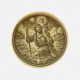 Vorderseite der Messing Münze mit detailreicher Lasergravur des Heiligen Christophorus Schutzpatron Motivs