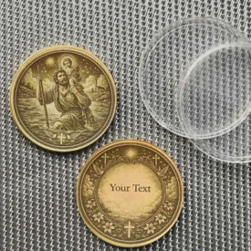 Set-Ansicht: Christophorus Messing Münze Vorderseite, personalisierbare Rückseite mit Textgravur-Rahmen und Schutzkapseln