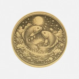 Vorderseite der Sternzeichen-Münze aus Messing: Zwei Fische schwimmen im Kreis unter Mond und Sternen.