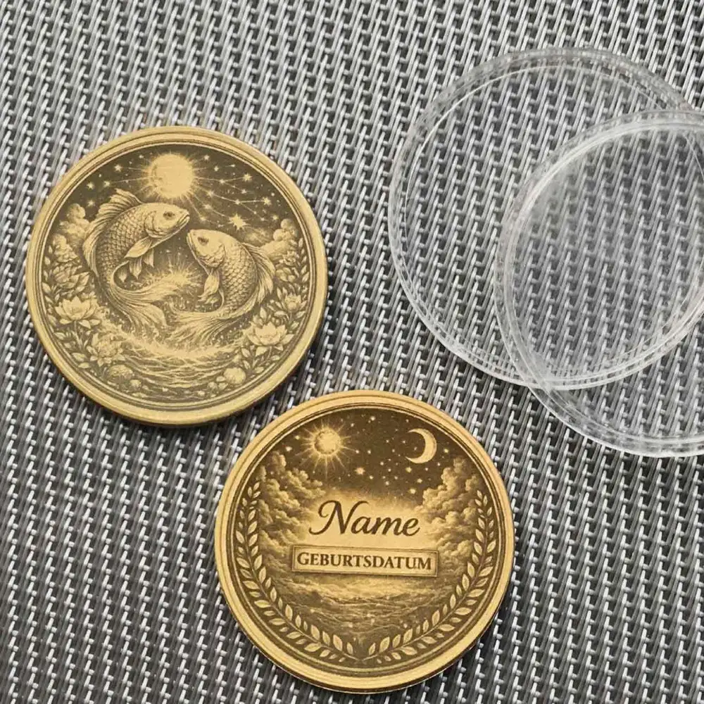 Standard-Rückseite im Wolken-Design mit graviertem Namen und Geburtsdatum neben der Fische-Vorderseite.