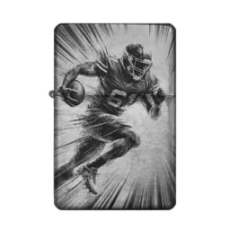 Benzinfeuerzeug mit American Football Motiv im dynamischen Art-Stil, Frontansicht auf weißem Hintergrund.