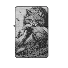 Benzinfeuerzeug mit "Fuchs du hast die Gans gestohlen" Motiv, Frontansicht auf weißem Hintergrund.