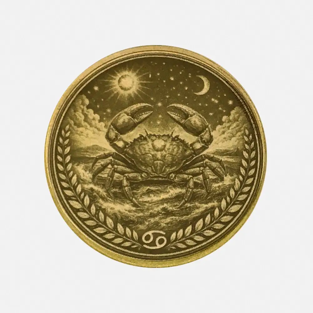 Vorderseite der Messing Münze mit Lasergravur Sternzeichen Krebs Cancer