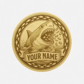 Vorderseite des Poker Card Guards aus Messing mit Hai-Motiv, Pokerchips und Namensgravur.