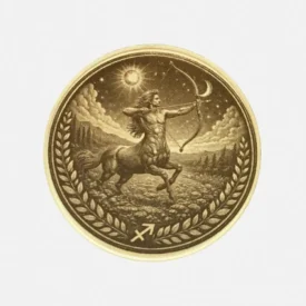 Detailansicht Messingmünze Sternzeichen Schütze mit Zentaur Bogen und Symbol
