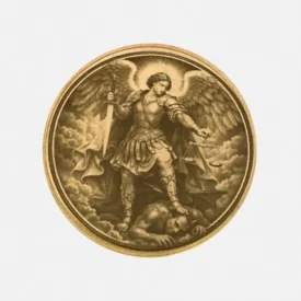 Vorderseite der Messing Münze mit Lasergravur Erzengel Michael mit Schwert und Waage