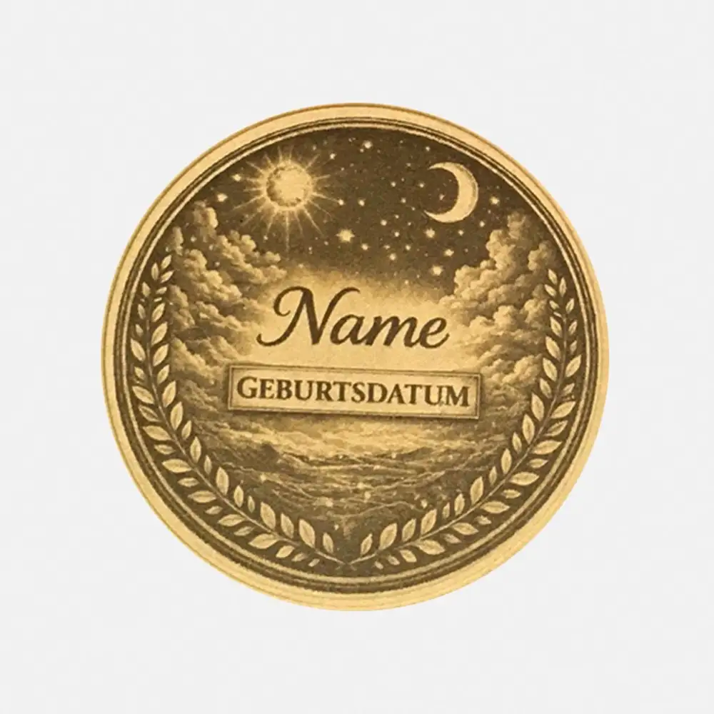 Standard-Rückseite im Wolken-Design mit graviertem Namen und Geburtsdatum neben der Fische-Vorderseite.