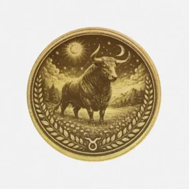 Vorderseite der Sternzeichen-Münze aus Messing: Stolzer Stier mit großen Hörnern in Berglandschaft unter Mond.