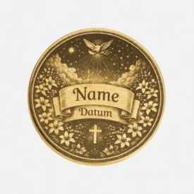 Rückseite der Taufmünze: Christliches Design mit Taube (Heiliger Geist), Banner für Namensgravur und Kreuz im floralen Rahmen.