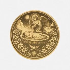 Vorderseite der Taufmünze aus Messing: Engel tauft schlafendes Baby im Taufbecken, darüber Taube und Kreuz.