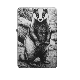 Dachs Benzinfeuerzeug Gravur, detaillierte Darstellung des Waldtieres auf schwarzem Metallgehäuse, Frontansicht.