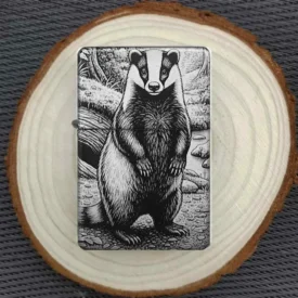 Dachs Feuerzeug Ganzkörper Motiv, Schwarz mattes Benzinfeuerzeug mit Lasergravur eines stehenden Dachses in Waldlandschaft auf einer Holzscheibe.