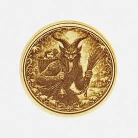 Detailansicht Messingmünze Krampus Brauchtum mit Rute Glocke und Korb auf dem Rücken