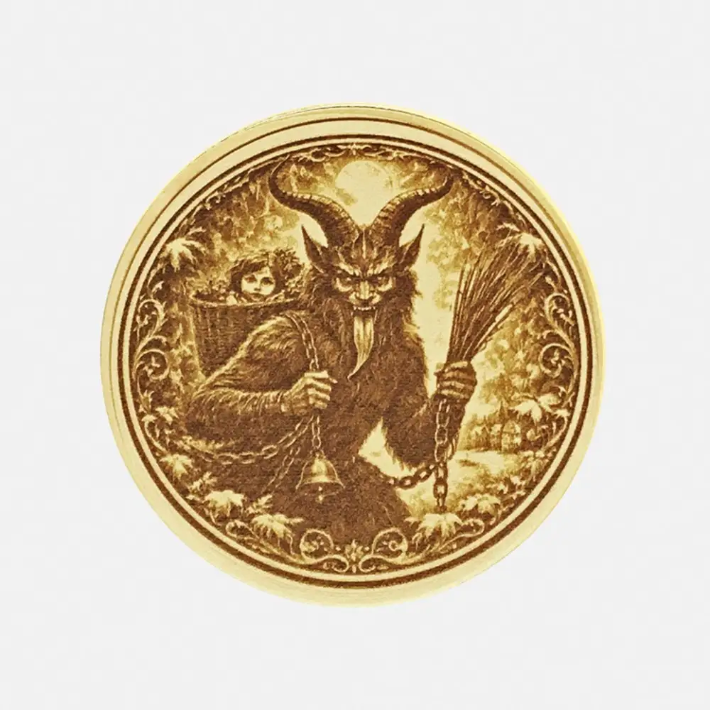 Detailansicht Messingmünze Krampus Brauchtum mit Rute Glocke und Korb auf dem Rücken