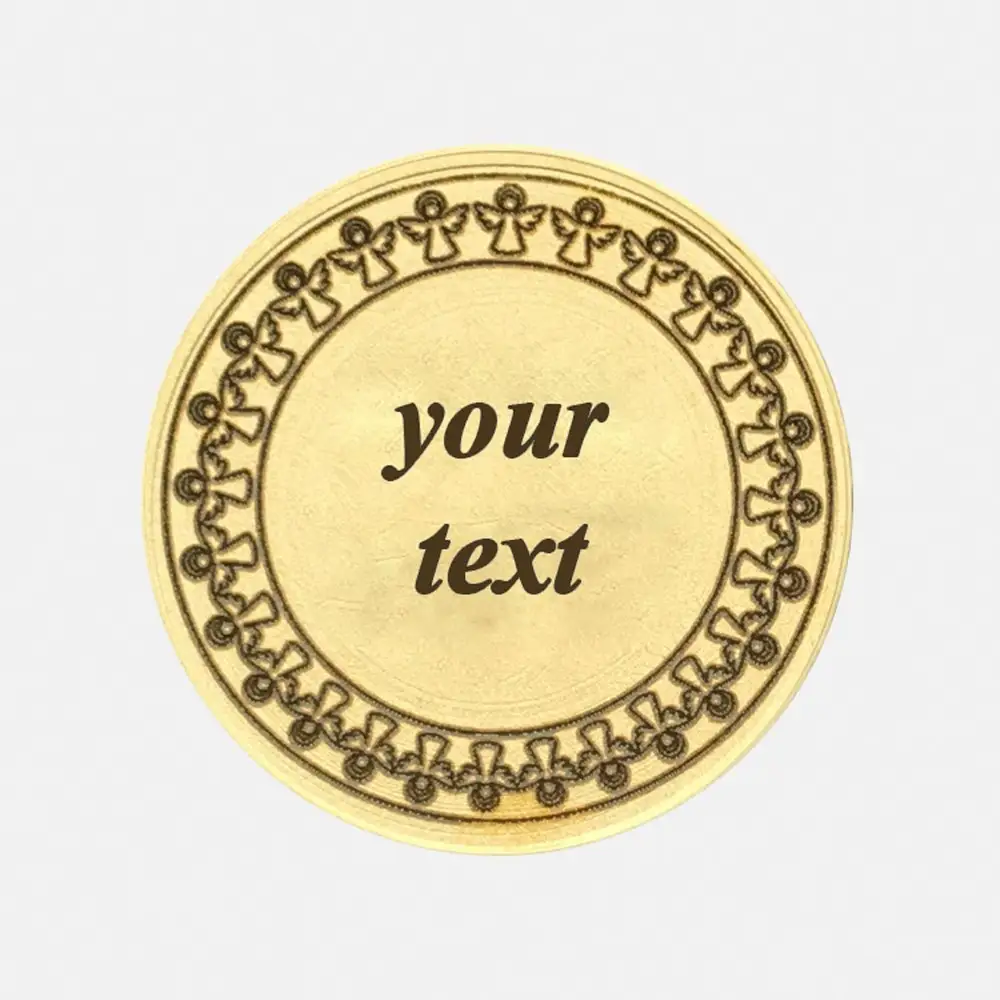 Rückseite der Schutzengel Münze mit Textgravur umrahmt von einem Kreis kleiner Engel