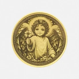 Massive Messingmünze kleiner Schutzengel hält vierblättriges Kleeblatt als Glücksbringer