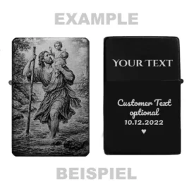 Personalisiertes St. Christopherus Feuerzeug Rückseite, Beispiel für individuelle Textgravur mit Name und Datum.