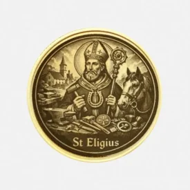 Detailansicht Messingmünze Heiliger Eligius Schutzpatron der Schmiede mit Pferd und Werkzeug