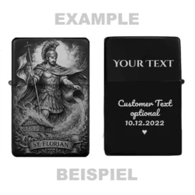 Personalisiertes St. Florian Feuerzeug Rückseite, Beispiel für individuelle Textgravur mit Name und Datum.