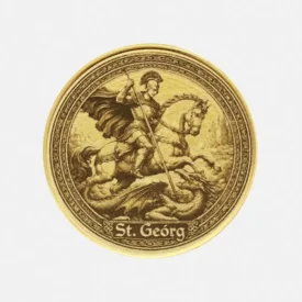 Detailansicht Messingmünze Heiliger Georg Drachentöter zu Pferd mit Lanze