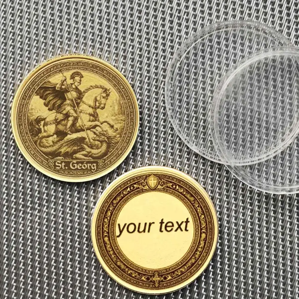 Personalisiertes Geschenk Hl. Georg Münze mit Textgravur in Ornamentrahmen mit Kreuz auf Rückseite